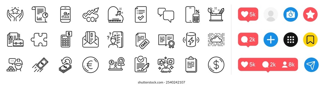 Bericht, Dollar-Geld und Piano-Linie Icons Pack. Symbole sozialer Medien. Taschenrechner, Zwischenablage, Smartphone Statistik Web-Symbol. Cloud-System, Kreativitätskonzept, Piktogramm der genehmigten Checkliste. Vektorgrafik