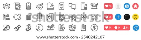 Report, Dollar money and Piano line icons pack. Social media icons. Calculator, Clipboard, Smartphone statistics web icon. Cloud system, Creativity concept, Approved checklist pictogram. Vector