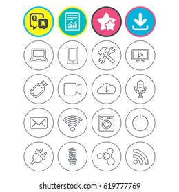Report, download and star signs. Devices and technologies icons. Notebook, smartphone and wi-fi symbols. Usb flash, video camera, microphone thin outline signs. Vector
