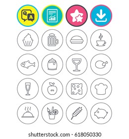 Report, download and star signs. Food and Drinks icons. Beer, coffee and cocktail symbols. Fish and pork meat, hamburger and cheese thin outline signs. Chief hat. Question and answer or Q&A symbol