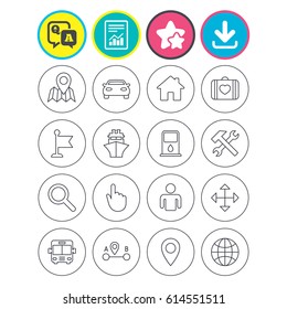 Report, download and star signs. GPS navigation icons. Car, Bus and Ship transport. You are here, map pointer symbols. Search gas or petrol stations, hotels. A to B distance. Vector