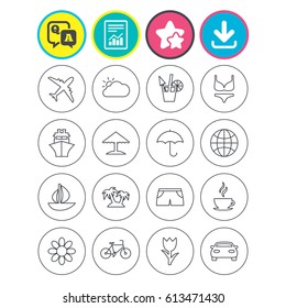 Report, download and star signs. Travel icons. Ship, plane and car transport. Beach umbrella, palms and cocktail. Swimming trunks. Rose or tulip flower. Question and answer or Q&A symbol. Flat buttons