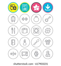 Report, download and star signs. Universal icons. Fitness dumbbell, home key and candle. Toilet paper, knife and fork. Microwave oven. Question and answer or Q&A symbol. Flat buttons. Vector
