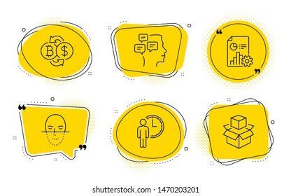 Report, Face recognition and Packing boxes signs. Chat bubbles. Messages, Bitcoin exchange and Waiting line icons set. Notifications, Cryptocurrency change, Service time. Presentation document. Vector