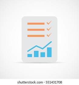 Report file. Document with colored chart symbol. Checklist icon in flat design. Concept of quality control. Vector illustration.