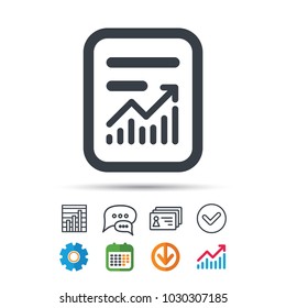 Report file icon. Document page with statistics symbol. Statistics chart, chat speech bubble and contacts signs. Check web icon. Vector