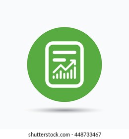 Report file icon. Document page with statistics symbol. Flat web button with icon on white background. Green round pressbutton with shadow. Vector
