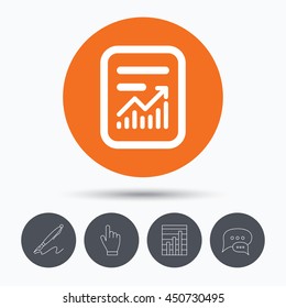 Report file icon. Document page with statistics symbol. Speech bubbles. Pen, hand click and chart. Orange circle button with icon. Vector