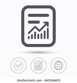 Report file icon. Document page with statistics symbol. Check tick, graph chart and internet globe. Linear icons on white background. Vector