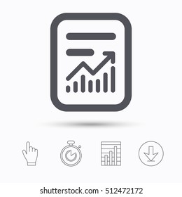 Report file icon. Document page with statistics symbol. Stopwatch timer. Hand click, report chart and download arrow. Linear icons. Vector