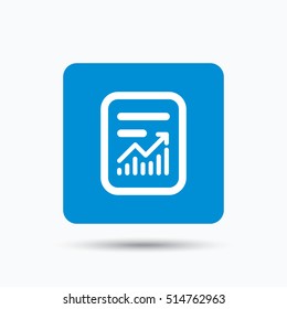 Report file icon. Document page with statistics symbol. Blue square button with flat web icon. Vector