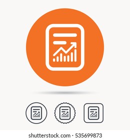 Report file icon. Document page with statistics symbol. Orange circle button with web icon. Star and square design. Vector