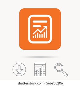 Report file icon. Document page with statistics symbol. Report chart, download and magnifier search signs. Orange square button with web icon. Vector