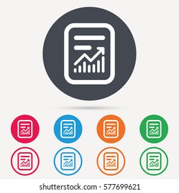 Report file icon. Document page with statistics symbol. Round circle buttons. Colored flat web icons. Vector