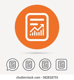 Report file icon. Document page with statistics symbol. Circle, speech bubble and star buttons. Flat web icons. Vector