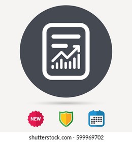Report file icon. Document page with statistics symbol. Calendar, shield protection and new tag signs. Colored flat web icons. Vector