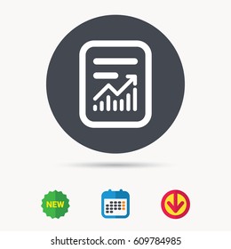 Report file icon. Document page with statistics symbol. Calendar, download arrow and new tag signs. Colored flat web icons. Vector