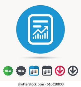 Report file icon. Document page with statistics symbol. Calendar, download arrow and new tag signs. Colored flat web icons. Vector