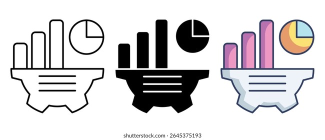 Ícone do gerador de relatórios representado por gráfico, engrenagem, gráfico, linha de texto, preenchido, estilo de cor.