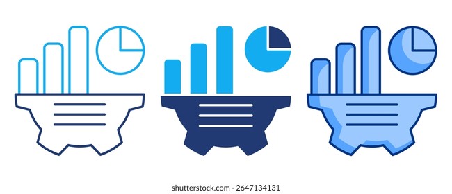 Ícone do gerador de relatórios representado por gráfico, engrenagem, gráfico, texto Azul, Dualine, Dualtone estilo.