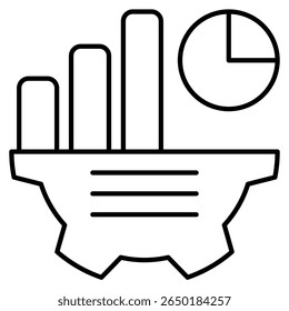 Ícone do gerador de relatórios representado por gráfico, engrenagem, gráfico, estilo de linha de texto.