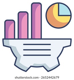 Ícone do gerador de relatórios representado por gráfico, engrenagem, gráfico, estilo de Cor Linear de texto.