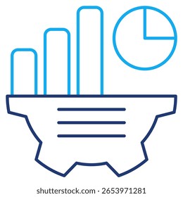 Ícone do gerador de relatórios representado por gráfico, engrenagem, gráfico, texto no estilo Linha dupla.