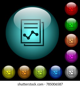 Report with graph icons in color illuminated spherical glass buttons on black background. Can be used to black or dark templates