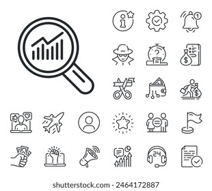 Report graph or Sales growth sign in Magnifying glass. Salaryman, gender equality and alert bell outline icons. Chart line icon. Analysis and Statistics data symbol. Data analysis line sign. Vector