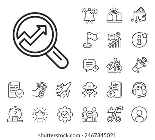 Report graph or Sales growth sign in Magnifying glass. Salaryman, gender equality and alert bell outline icons. Chart line icon. Analysis and Statistics data symbol. Analytics line sign. Vector