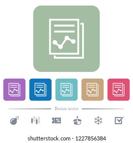Report with graph white flat icons on color rounded square backgrounds. 6 bonus icons included