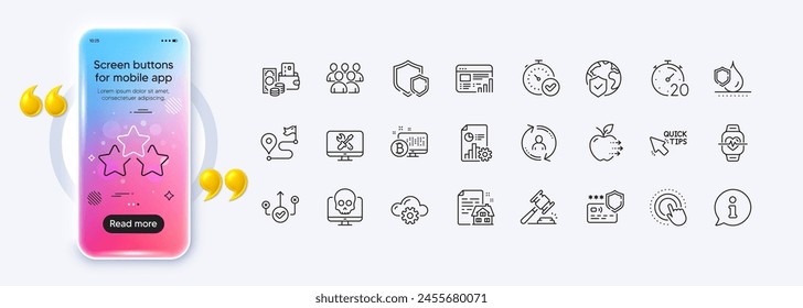 Report, Group and Fast verification line icons for web app. Phone mockup gradient screen. Pack of Timer, Cloud computing, Web report pictogram icons. Vector