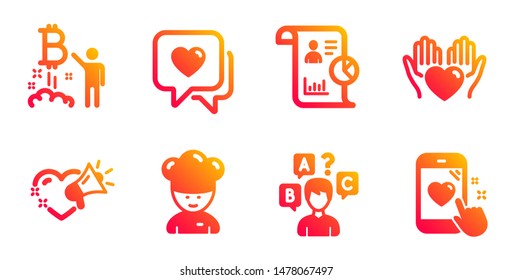 Report, Hold heart and Bitcoin project line icons set. Cooking chef, Love message and Quiz test signs. Heart symbol. Work statistics, Care love. People set. Gradient report icons set. Vector