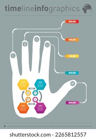 Reportar con la mano humana y el conjunto de iconos. Infografía vectorial de tecnología o proceso educativo. Plantilla Web. Concepto de presentación de negocios con cinco opciones. 