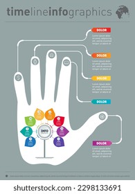 Report with human hand and icons set. Vector infographic of technology or education process. Business presentation concept with 8 options.