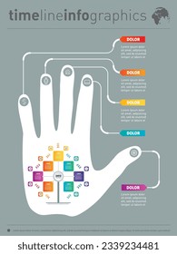 Bericht mit menschlicher Hand und Symbole gesetzt. Vektorgrafik von Technologie oder Bildungsprozess. Baumvorlage. Business-Präsentation Konzept mit sieben Optionen.