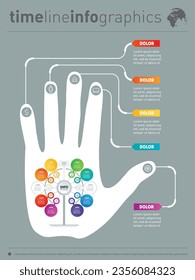 Report with human hand and icons set. Vector infographic of technology or education process. Template. Business presentation concept with eight or ten options.