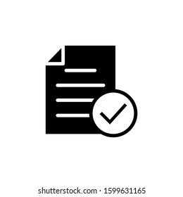 Report icon with check sign icon in black flat on white background, Report icon and approved, confirm, done, tick, completed symbol, Vector icon