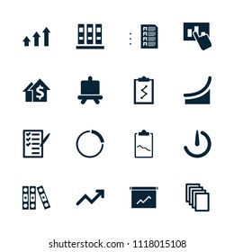Report icon. collection of 16 report filled icons such as board, paper, binder, check list, stopwatch camera, graph, chart. editable report icons for web and mobile.