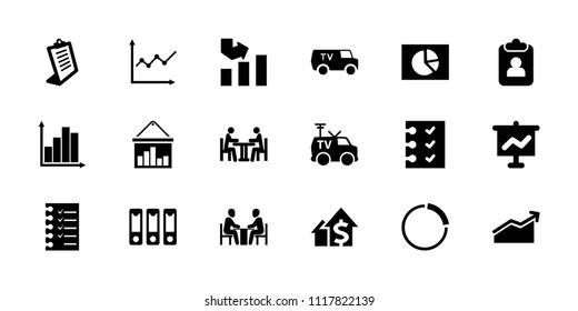 Report icon. collection of 18 report filled icons such as graph, clipboard, tv van, checklist, binder, meeting, chart, pie chart. editable report icons for web and mobile.