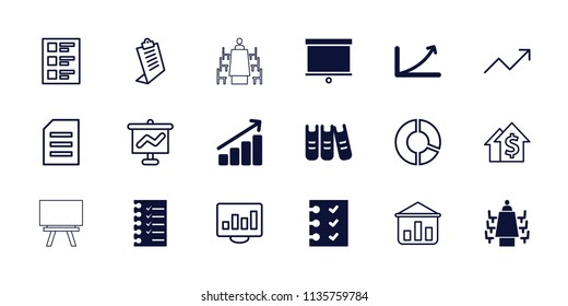 Report icon. collection of 18 report filled and outline icons such as checklist, meeting, binder, graph, clipboard, pie chart. editable report icons for web and mobile.