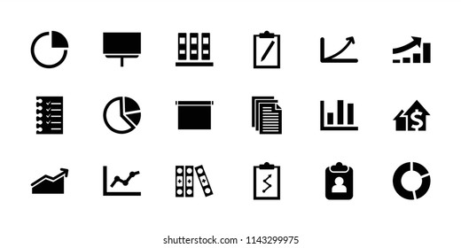 Report icon. collection of 18 report filled icons such as board, binder, pie chart, graph, chart, clipboard, clipboard with chart. editable report icons for web and mobile.