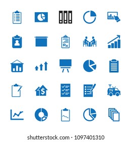 Report icon. collection of 25 report filled icons such as paper, tv van, clipboard, pie chart, graph, checklist, chart, dolar growth. editable report icons for web and mobile.
