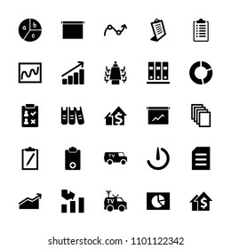 Report icon. collection of 25 report filled icons such as graph, paper, clipboard, tv van, meeting, binder, stopwatch camera, chart. editable report icons for web and mobile.