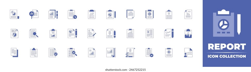 Report icon collection. Duotone style line stroke and bold. Vector illustration. Containing report, result, medical prescription, pie chart, analytic, sale report, documents, information, invoice.