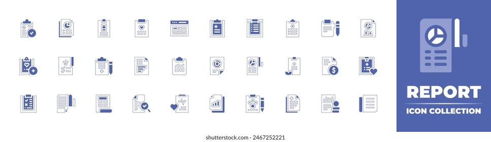 Report icon collection. Duotone style line stroke and bold. Vector illustration. Containing medical report, business report, report, profit, data analytics, news, analytics, statistics, analysis.