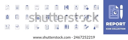 Report icon collection. Duotone style line stroke and bold. Vector illustration. Containing progress, result, profit report, data analytics, pie chart, medical report, report, data analysis, survey.