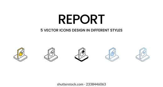 Diseño de iconos de informe en estilo Cinco con barra de trabajo editable. Línea, Sólido, Línea plana, Color de tono Duo y Línea de degradado de color. Adecuado para diseño de páginas Web, aplicaciones móviles, UI, UX y GUI.