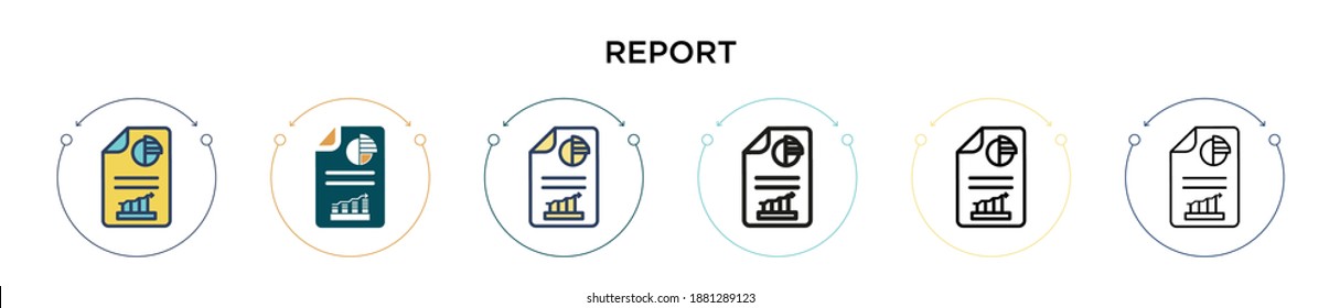 Report icon in filled, thin line, outline and stroke style. Vector illustration of two colored and black report vector icons designs can be used for mobile, ui, web