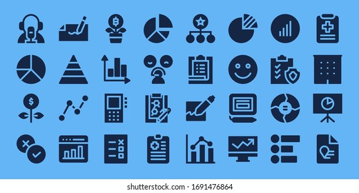Symbol-Einstellung melden. 32 gefüllte Berichtssymbole. Einschließlich Nachrichtenreporter, Kuchen-Diagramm, Wachstum, Rate, Autogramm, Pyramid, Statistiken, Graph, Dictaphone, Liste, Zwischenablage, Diagramm, Aufgabe, Signature-Symbole